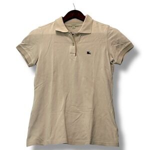 Burberry Womens Polo Shirt Sz S Beige Equestrian Knight Logo Preppy Quiet Luxury